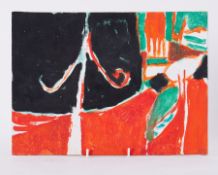 Unframed painting titled 'Forms and Colours with Black (3)' 1991, oil on board, 26cm x 35cm