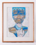 Framed painting titled ' Blue Deity' 1995, oil pastel on paper, 52cm x 42cm