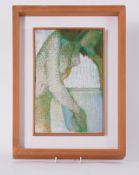 Framed painting titled ' Nude Leaning on Bath' c.1980, oil pastel on canvas, 43cm x 34cm
