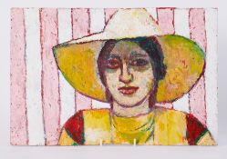 Unframed painting titled ' Head of a Girl in Yellow Hat: Pink Striped Blind at Back' c.1984, oil