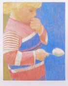 Unframed painting titled 'Unfinished Study of Egg & Spoon', 1978, pastel/ board, 63 x 51cm.