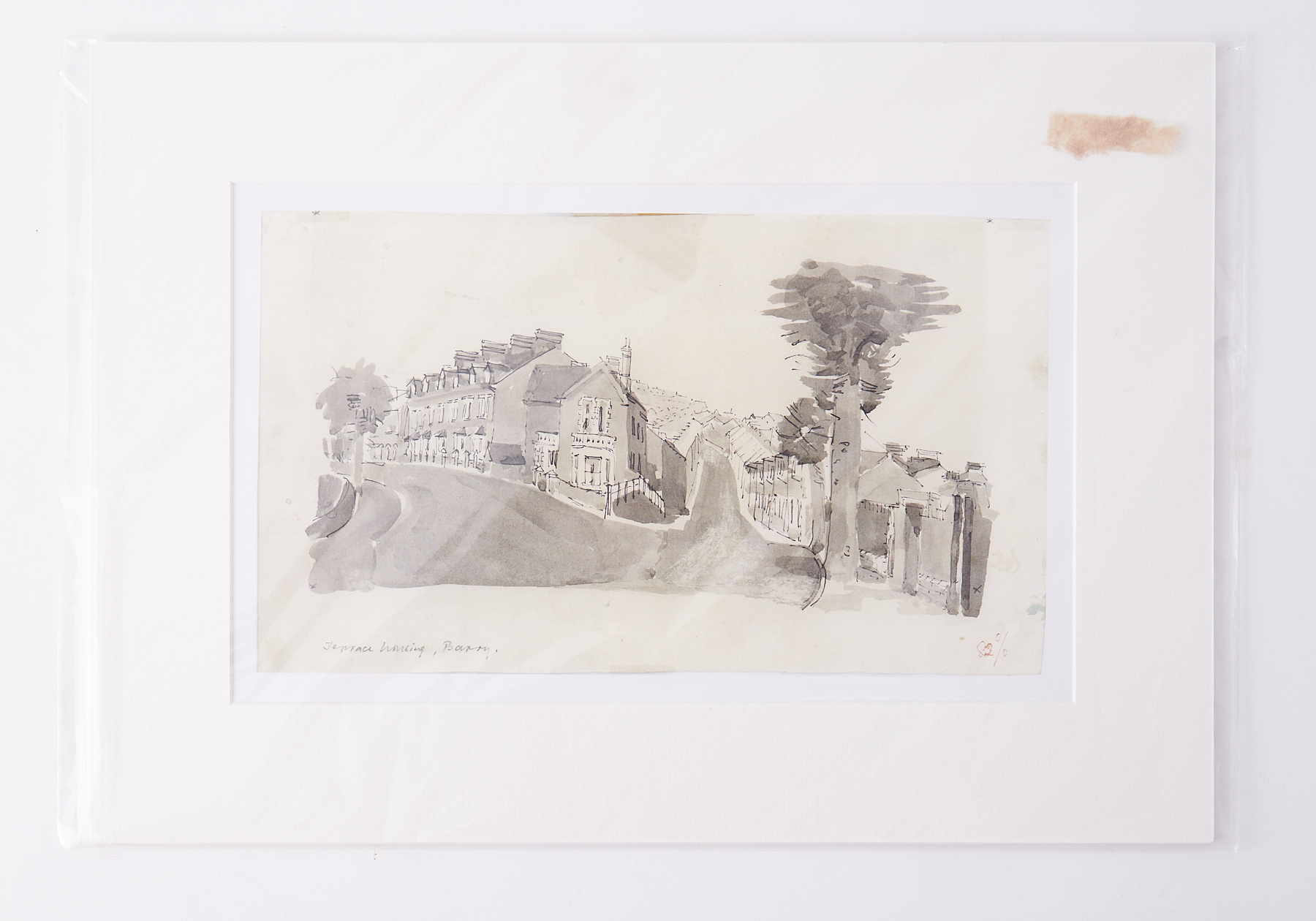 A monotone print watercolour, Terrace Housing, Barry (Wales), mounted 14x28cm, together with - Image 2 of 7