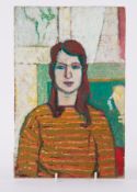 Unframed painting titled ' Gwen in Green and Orange' 1984, oil on canvas, 30cm x 21cm, mounted on