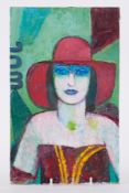 Unframed painting 'Girl in a Red Hat (2)', 1988, oil on board, 33 x 21cm.