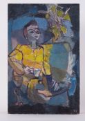 Unframed painting titled ' Woman holding a cup' c.1950, oil on board, 60cm x 39cm