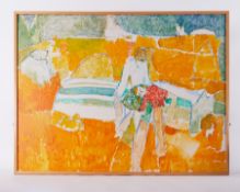 Framed painting titled ' 2 Figures Resting on an Upturned Boat' 1990, oil on board, 91cm x 122cm