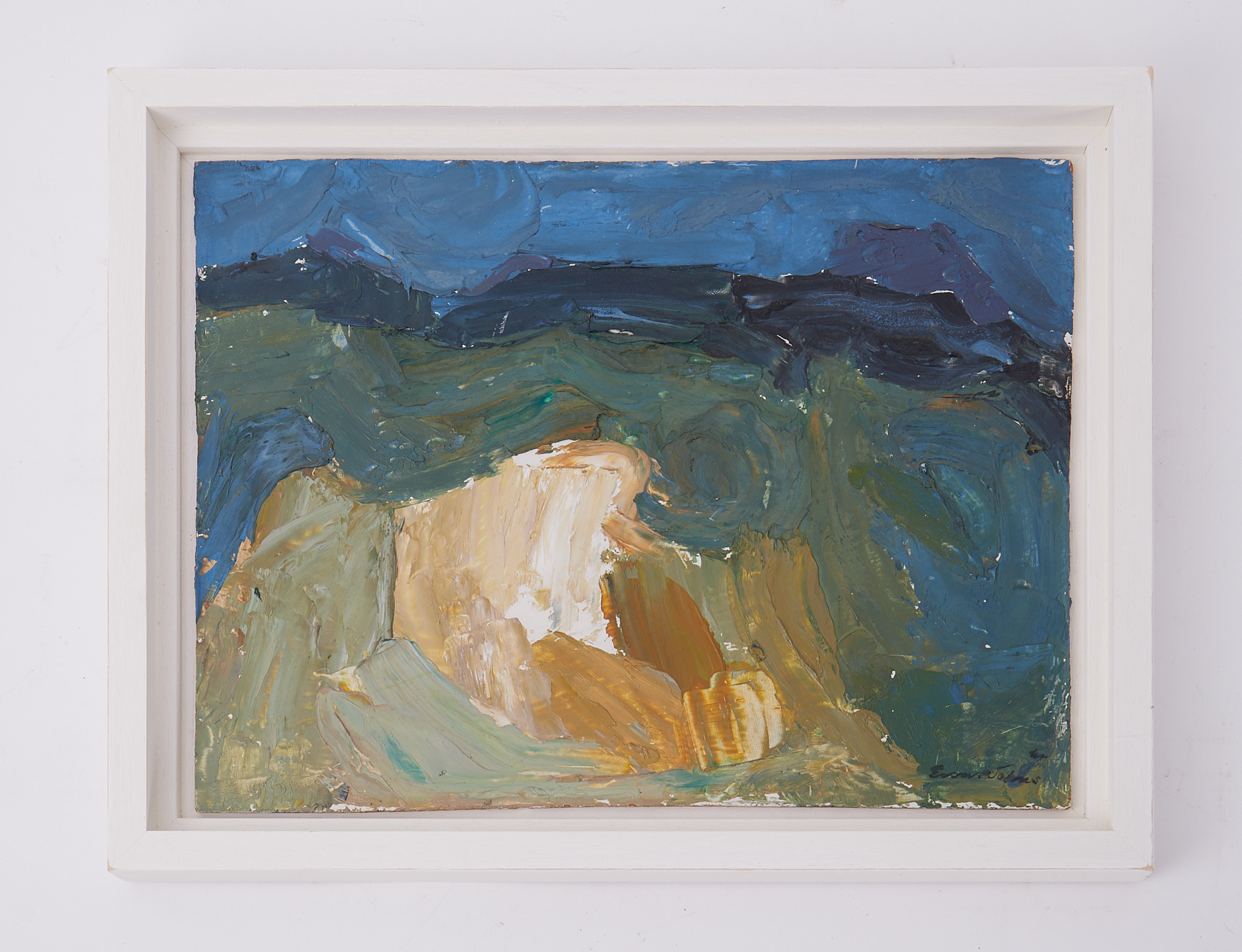 Framed painting titled ' Fields and Hills, Donegal' 1962, oil on board, 29cm x 40cm