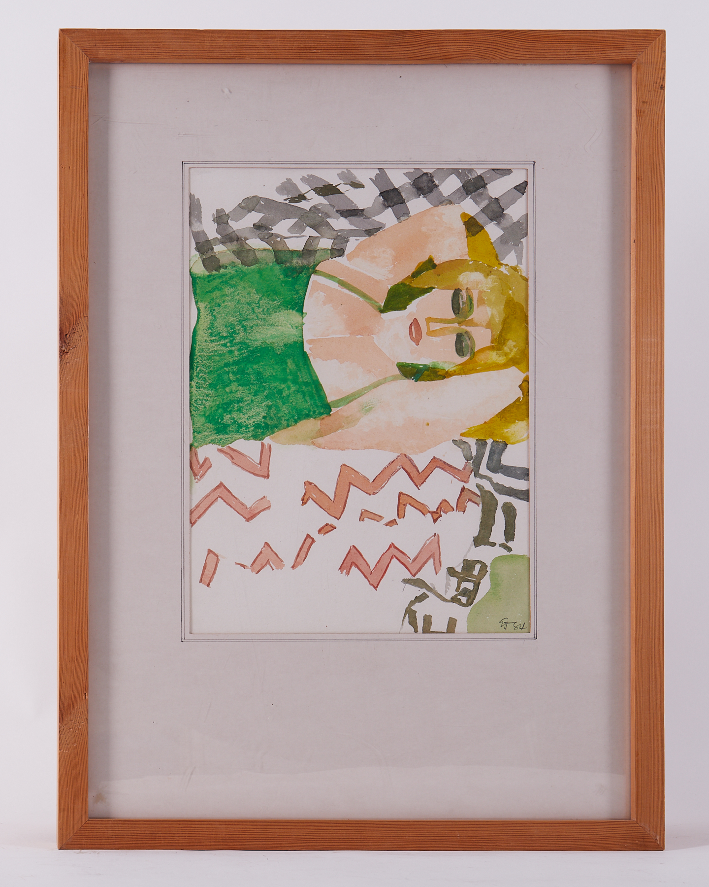 Glazed frame titled ' Figure in Green Swimsuit on Fabrics' 1984, w/c on paper, 59cm x 44cm