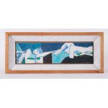 Framed painting titled ' Figures in Touch' 1992, oil on board, 24cm x 57cm