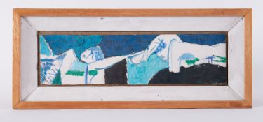 Framed painting titled ' Figures in Touch' 1992, oil on board, 24cm x 57cm