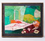 Framed painting titled ' Reclining Nude with Orange Hair' 1987, oil on board, 41cm x 51cm