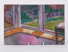 Unframed painting titled ' Garden from Studio (Coach Ho.)' c.1983, oil on board, 20cm x 30cm