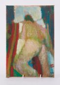 Unframed painting titled ' Nude on Bed, Back View' c.1980, oil on canvas, 30cm x 21cm, mounted on