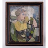 Framed painting titled ' Composition with Seated Figure' c.1955, oil on board, 72cm x 62cm