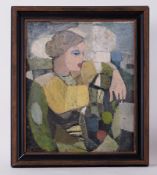 Framed painting titled ' Composition with Seated Figure' c.1955, oil on board, 72cm x 62cm