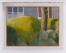 Framed painting titled ' Front garden with Golden Privet' 1980, canvas, 70cm x 91cm