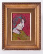 Framed painting titled ' Gwen, profile' c.1984, oil on board, 45cm x 37cm