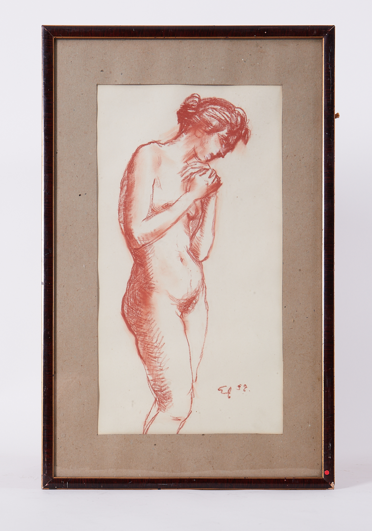 Framed drawing titled ' Nude Study' 1959, red chalk on paper, 50cm x 32cm