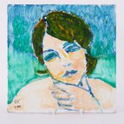 Unframed painting - untitled 'Girl's Head with Chin on Hands' 1985, oil on board, 29cm x 29cm