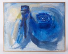 Framed painting titled ' Blue Figure Form' c.1963, oil on strawboard, 99cm x 125cm