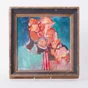 Framed painting titled ' Late Rose (1)' 1988, oil on board, 25cm x 25cm