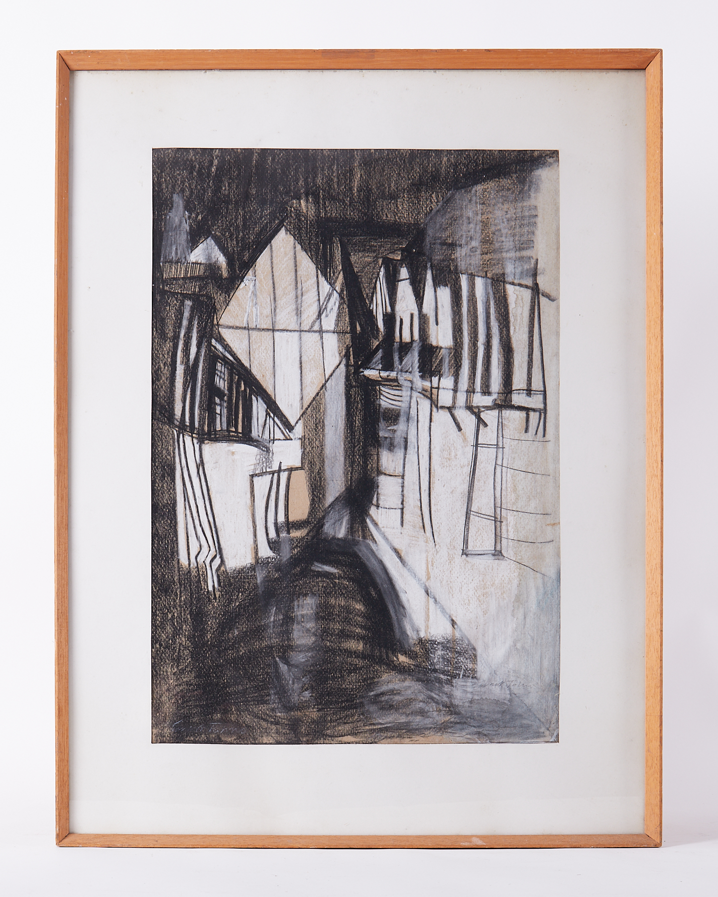 Glazed frame titled ' Timbered Buildings, Lavenham', conte on paper, 76cm x 58cm