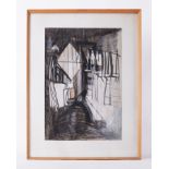 Glazed frame titled ' Timbered Buildings, Lavenham', conte on paper, 76cm x 58cm
