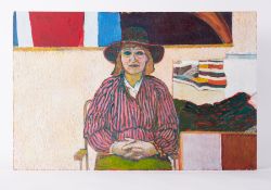 Unframed painting titled 'Barbara in Studio in Black Hat' c.1981, acrylic/board, 61cm x 94cm