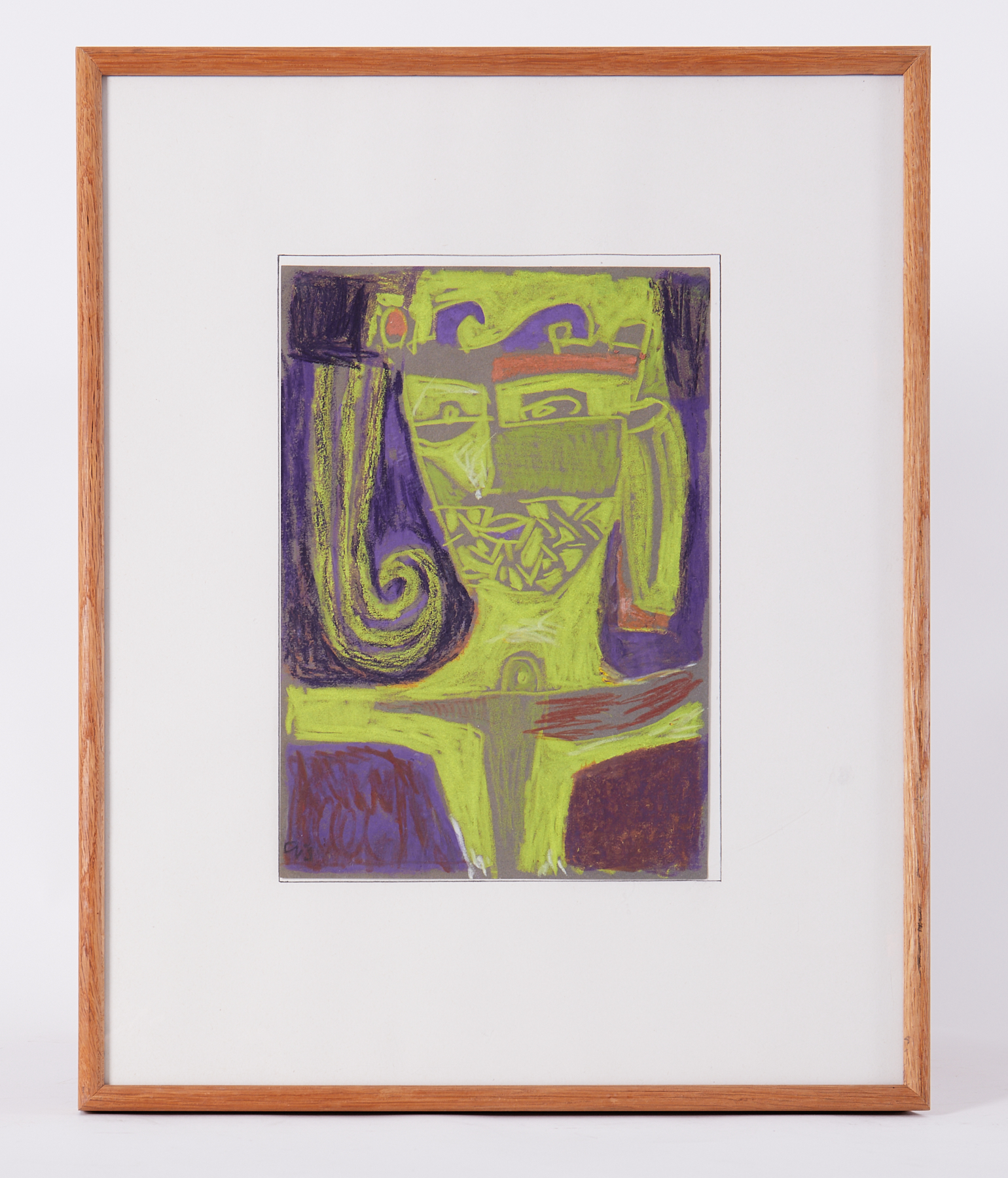 Framed painting- untitled 'Deity' purple and yellow, oil pastel on paper , 51cm x 41cm