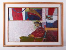 Framed painting titled ' Seated Woman in Studio' c.1982, acrylic/board, 105cm x 77cm