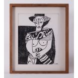 Framed painting - untitled 'Female in B & W ' 1994, conte on paper, 69cm x 59cm