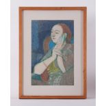 Framed drawing titled ' Molly with Clasped Hands' 1985, oil pastel on paper, 66cm x 49cm