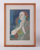 Framed drawing titled ' Molly with Clasped Hands' 1985, oil pastel on paper, 66cm x 49cm