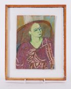 Framed painting titled ' Redhead in Patterned Dress' 1985, oil pastel on board, 29cm x 24cm