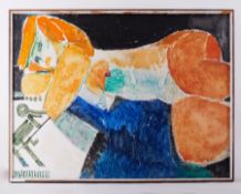 Framed painting titled ' Figure with Orange Hair Reclining' 1990, oil on board, 94cm x 125cm