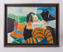 Framed painting titled ' Striped Tights at the Beach' 1990, oil on board, 73cm x 94cm