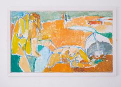 Unframed painting titled ' Scene on Orange Sand' 1990, oil on board, 46cm x 76cm, board mounted on