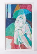 Framed painting 'Sunbather and Umbrella' 1989, acrylic on board, 74 x 46cm.