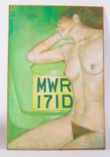 Framed painting titled ' Nude and Numberplate' c.1980, oil on canvas ,117cm x 71cm