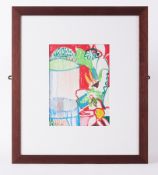 Framed painting titled ' Water Jar and Plants' 1988, oil pastel on paper , 27cm x 20cm