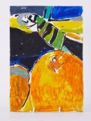 Unframed painting titled ' Winged Stripes in Golden Heap' 1991, oil on board, 30cm x 21cm