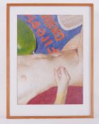 Framed oil pastel, Torso w Firestone Poster ' 1977, oil pastel on strawboard, 86cm x 67cm, David £