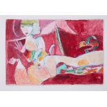 Unframed painting titled ' Prone and Upright Figures (pink)' 1991, oil on board, 30cm x 45cm