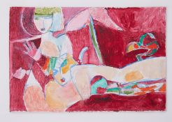 Unframed painting titled ' Prone and Upright Figures (pink)' 1991, oil on board, 30cm x 45cm