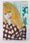 Unframed painting titled ' Vic in Check Dress c.1982, acrylic/board, 74cm x 48cm