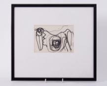 Framed painting titled ' Black and White Figurescape (6)' c.1963, mixed media on paper , 34cm x