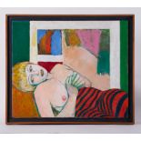 Framed painting titled ' Sarah in Striped Tights' 1986, canvas, 57cm x 67cm