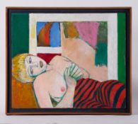 Framed painting titled ' Sarah in Striped Tights' 1986, canvas, 57cm x 67cm