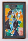 Framed painting titled ' Young Woman in Black Cardigan (1)' 1989, oil on board, 91cm x 61cm