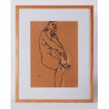 Framed drawing titled 'Seated Nude, Knee Up' 1972, oil? and crayon , 92cm x 70cm inc. frame